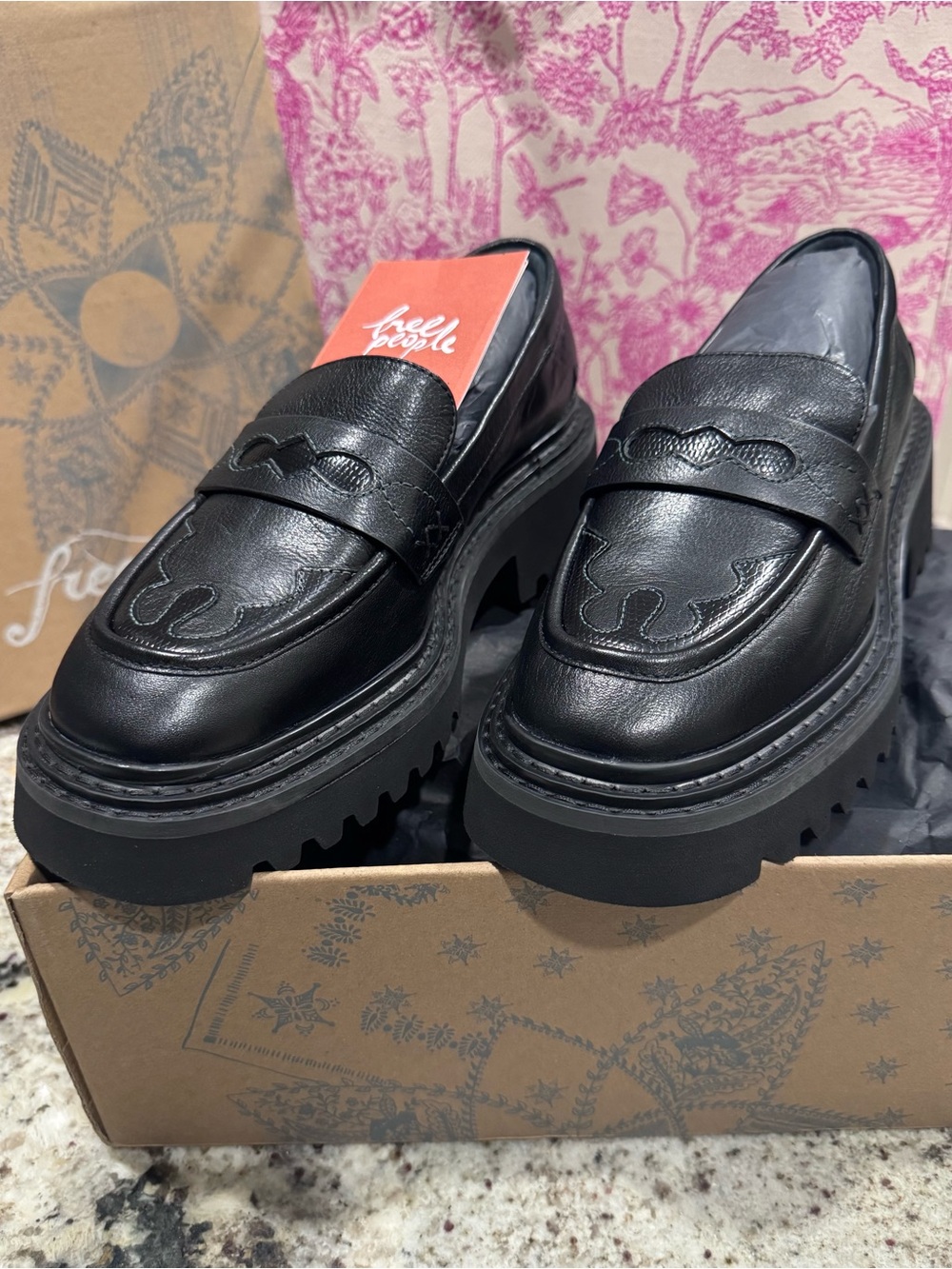 Free People Black Lug Sole Leather Penny Loafers